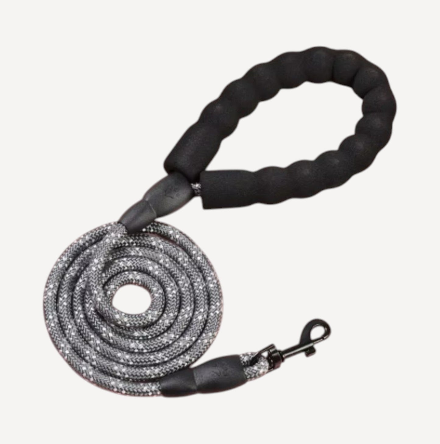 Grey reflective dog leash with padded handle and durable clip for safe walks