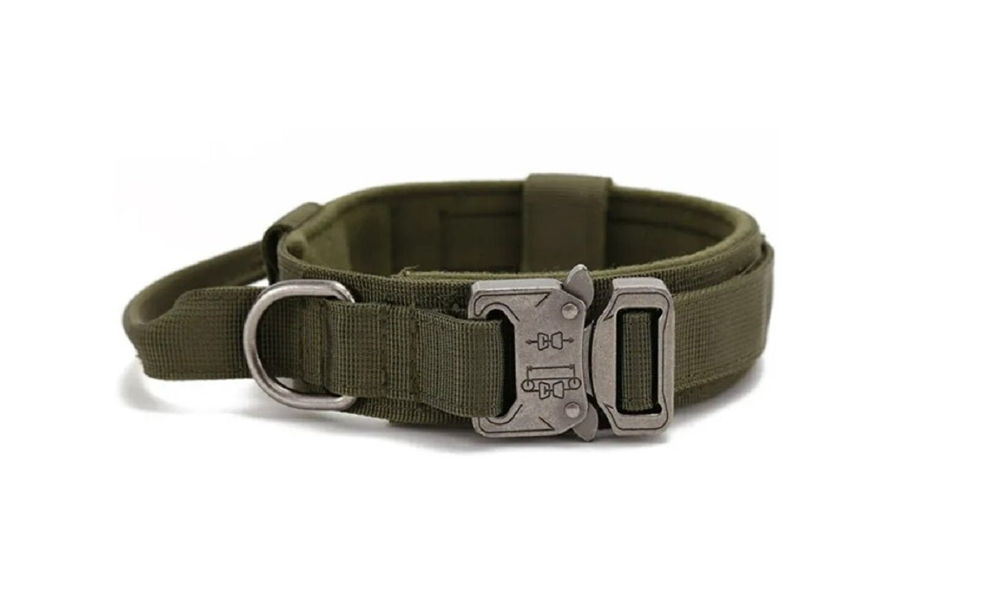 Green tactical dog collar with metal buckle and adjustable strap