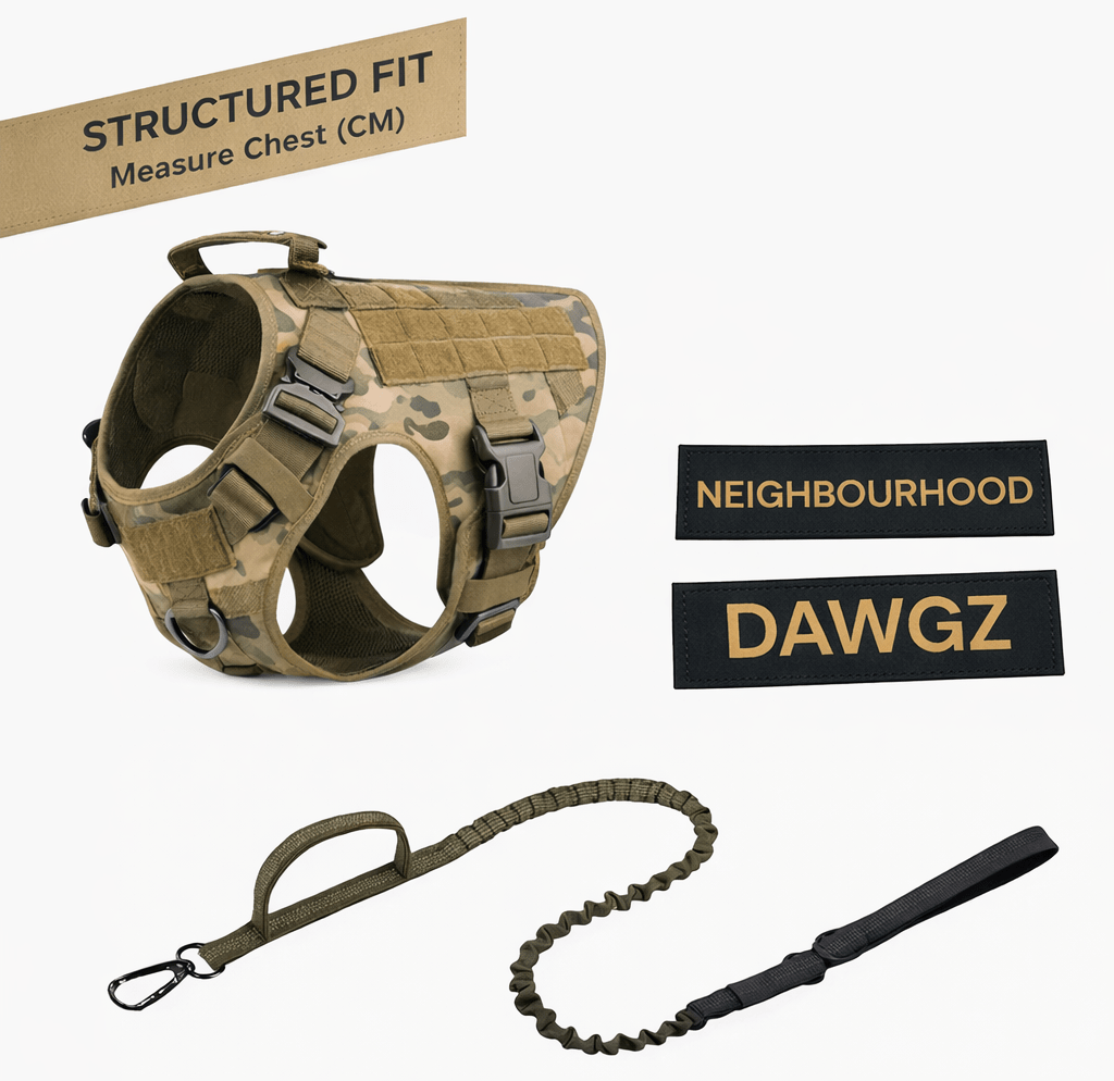 Tactical dog harness and leash set (Camouflage) with personalised patch