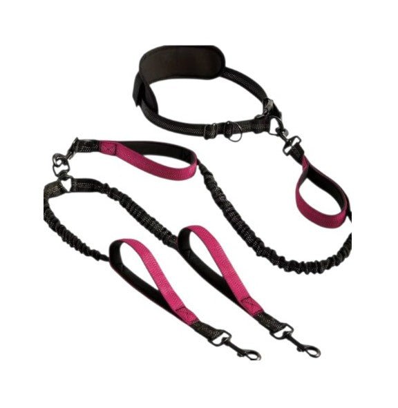 Adjustable tose red hands-free dog leash with dual clips and waist belt for runners