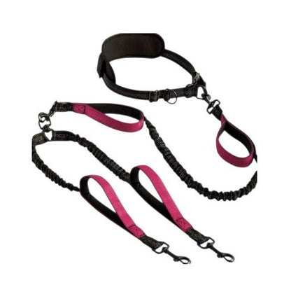Adjustable tose red hands-free dog leash with dual clips and waist belt for runners