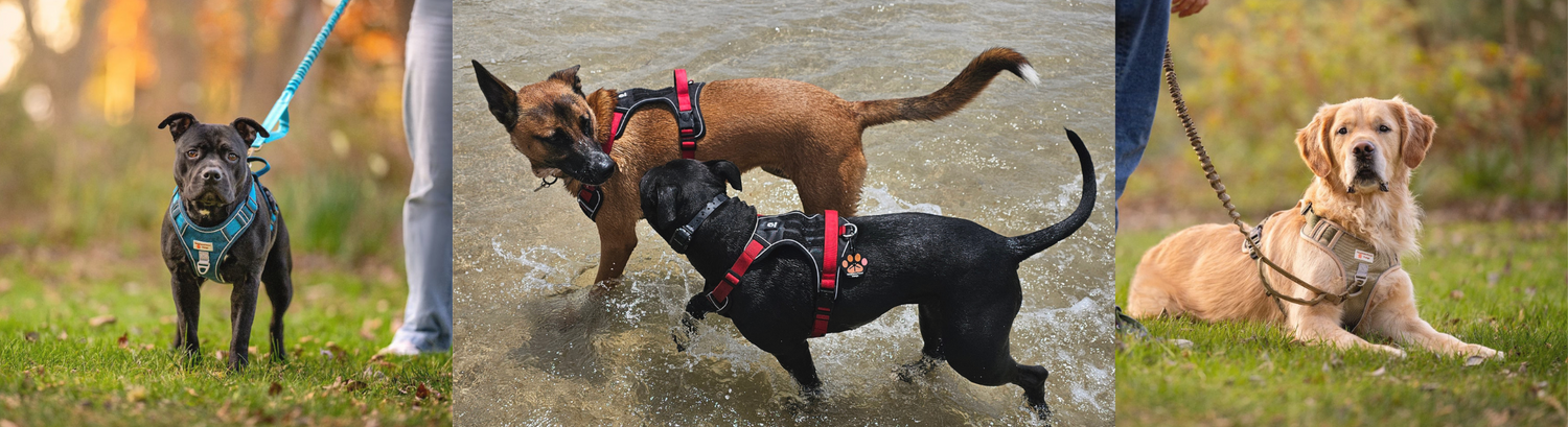 4 Photos of dogs wearing Body Fit Harnesses | Neighbourhood Dawgz