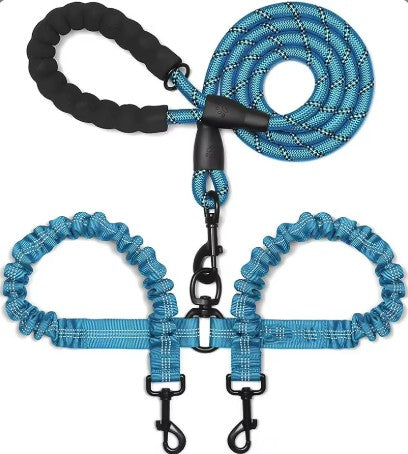 2 in 1 Double Reflective Dog Leash - Blue