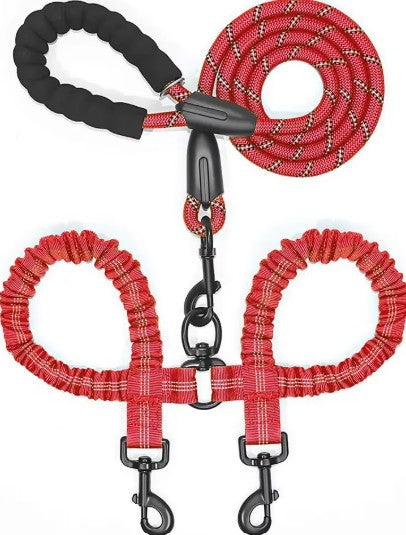 2 in 1 Double Reflective Dog Leash - Red