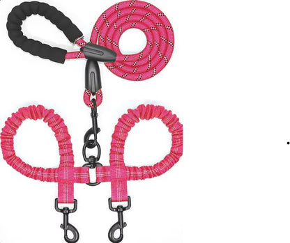 2 in 1 Double Reflective Dog Leash - Rose Red