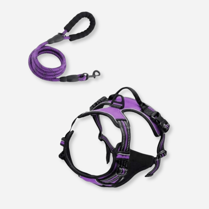Purple reflective dog harness and leash set with no-pull design and safety handle