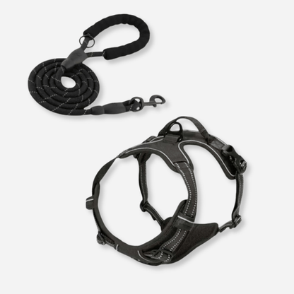 Black reflective dog harness and leash set with no-pull design and safety handle