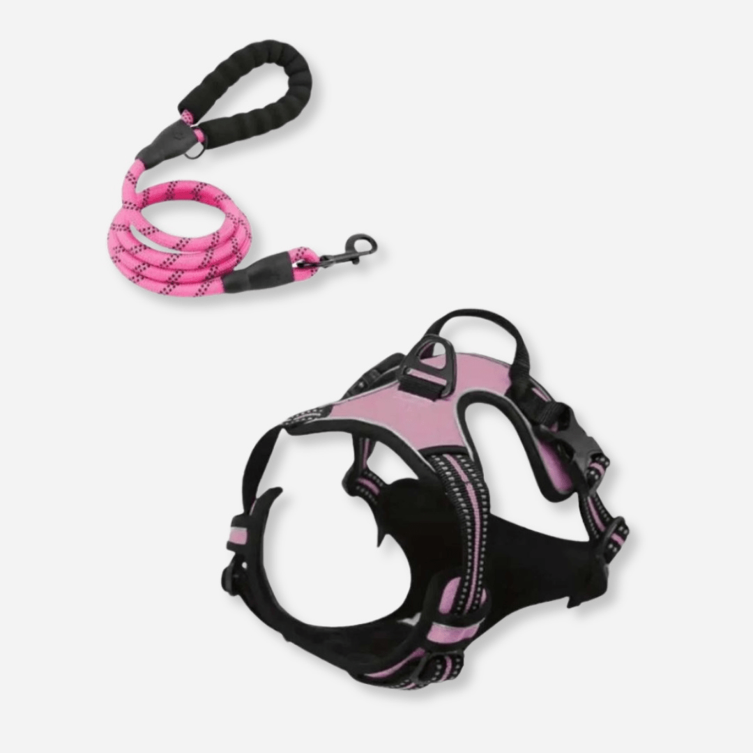 Pink reflective dog harness and leash set with no-pull design and safety handle