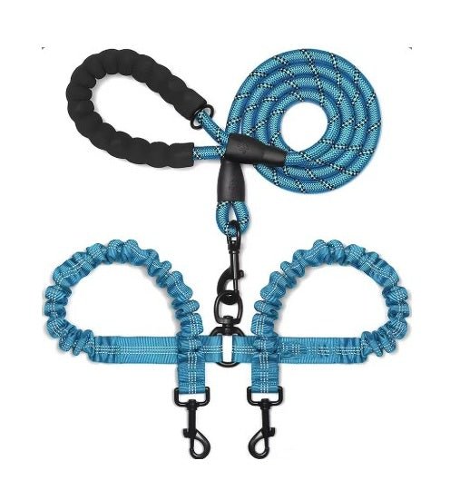 Blue double reflective dog leash with no-tangle swivel for walking two dogs