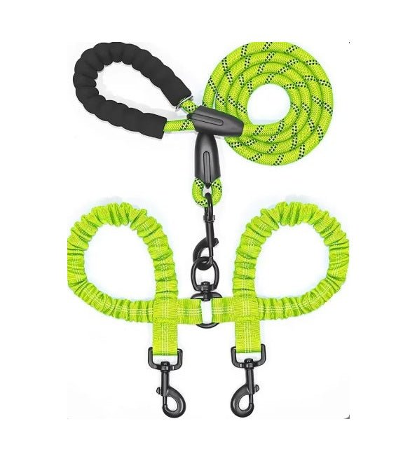 Green double reflective dog leash with no-tangle swivel for walking two dogs