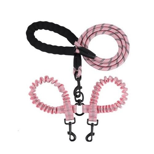 Pink double reflective dog leash with no-tangle swivel for walking two dogs