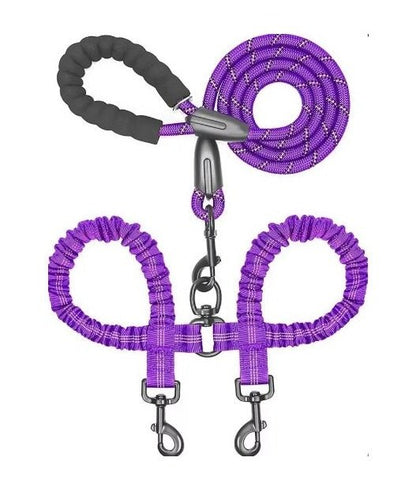 Purple double reflective dog leash with no-tangle swivel for walking two dogs