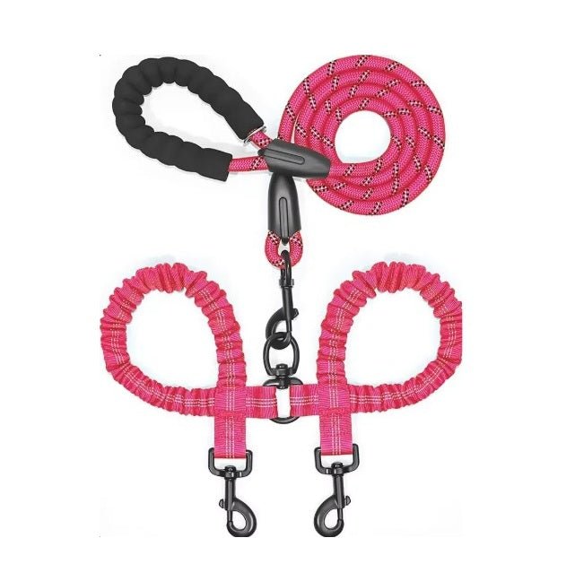 Rose Red double reflective dog leash with no-tangle swivel for walking two dogs