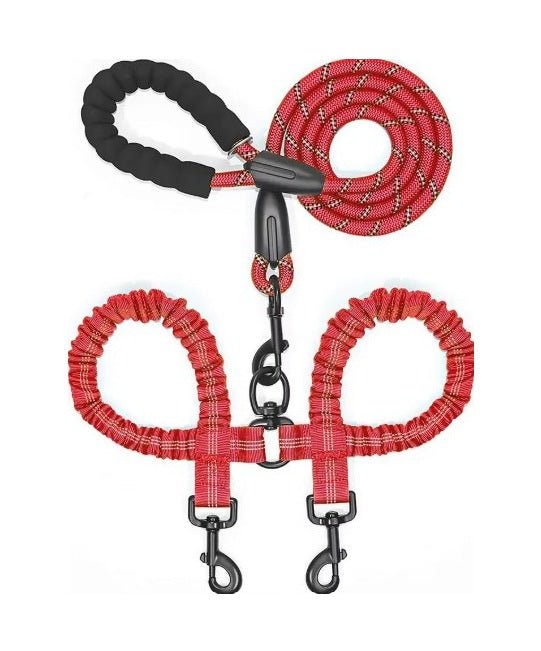 Red double reflective dog leash with no-tangle swivel for walking two dogs