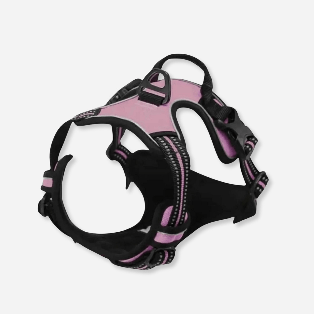 pink reflective dog harness with padded chest and adjustable straps