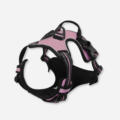 pink reflective dog harness with padded chest and adjustable straps