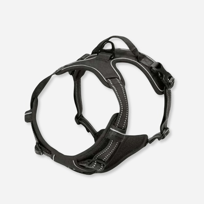Black reflective dog harness with padded chest and adjustable straps
