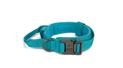 Blue tactical dog collar with metal buckle and adjustable strap