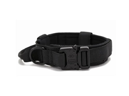 Black tactical dog collar with metal buckle and adjustable strap