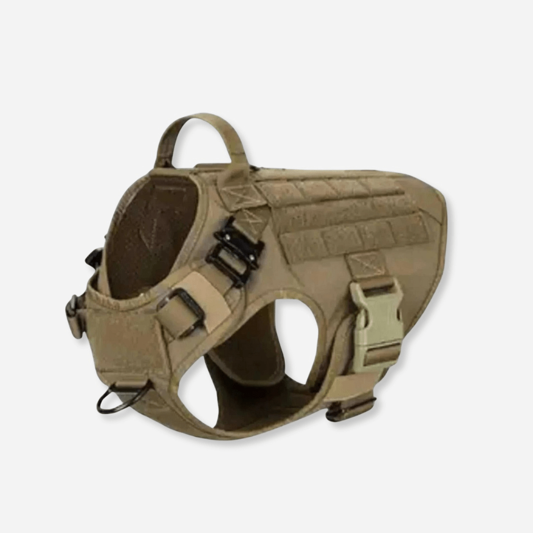 Khaki heavy-duty tactical dog harness with handle and adjustable straps
