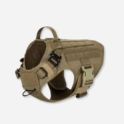 Khaki heavy-duty tactical dog harness with handle and adjustable straps