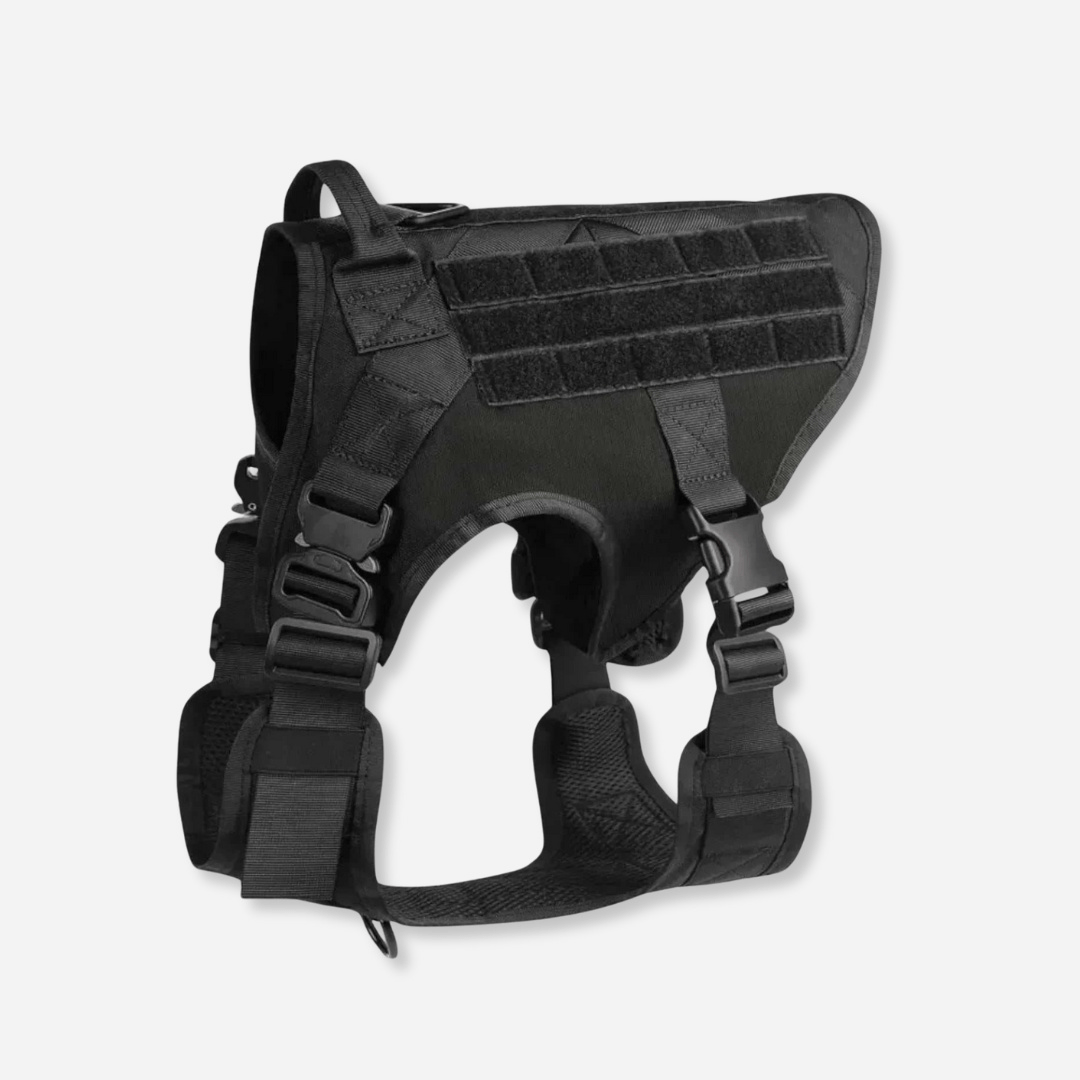 Black heavy-duty tactical dog harness with handle and adjustable straps