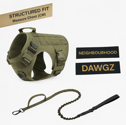 Tactical No - Pull Dog Harness & Leash Set – Heavy - Duty, Adjustable, Includes Personalised Velcro Name Patch - Neighbourhood Dawgz