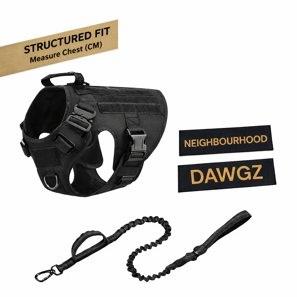 Tactical No - Pull Dog Harness & Leash Set – Heavy - Duty, Adjustable, Includes Personalised Velcro Name Patch - Neighbourhood Dawgz